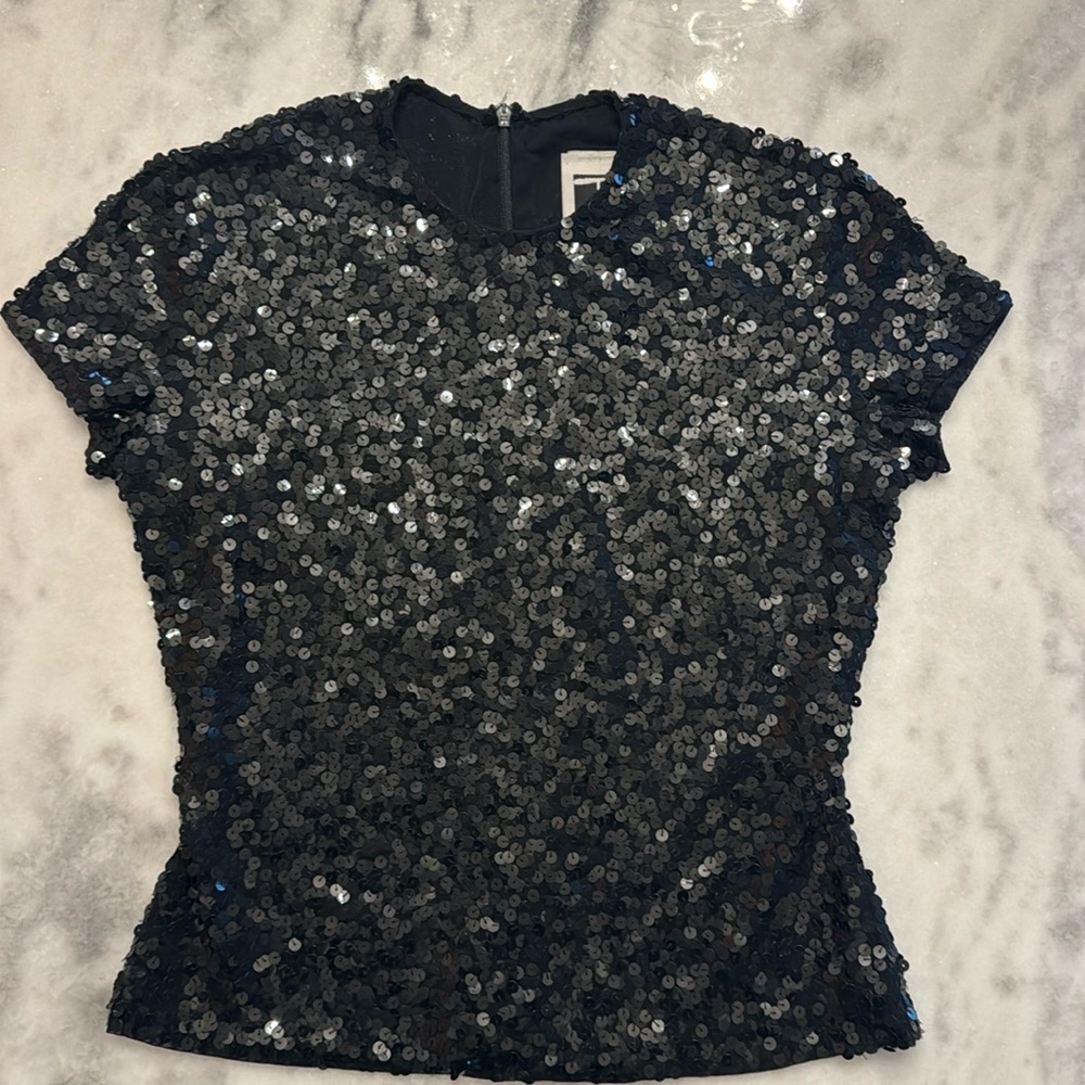 TADASHI Black Short Sleeve Sequin Formal Top petite small